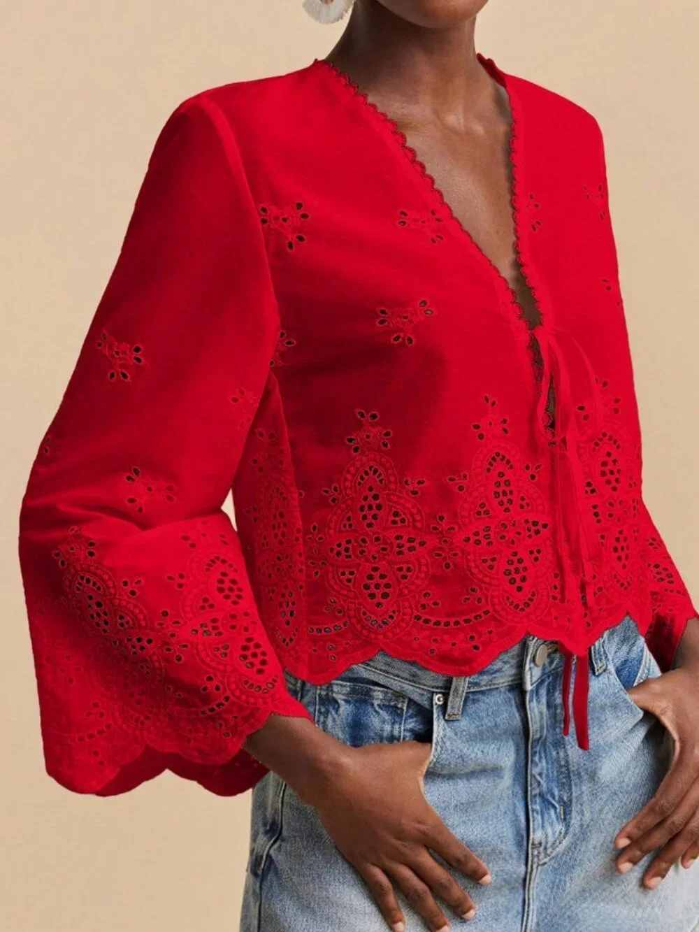 Red Casual Women's Deep V Neck Woven Blouse With Flare Sleeves